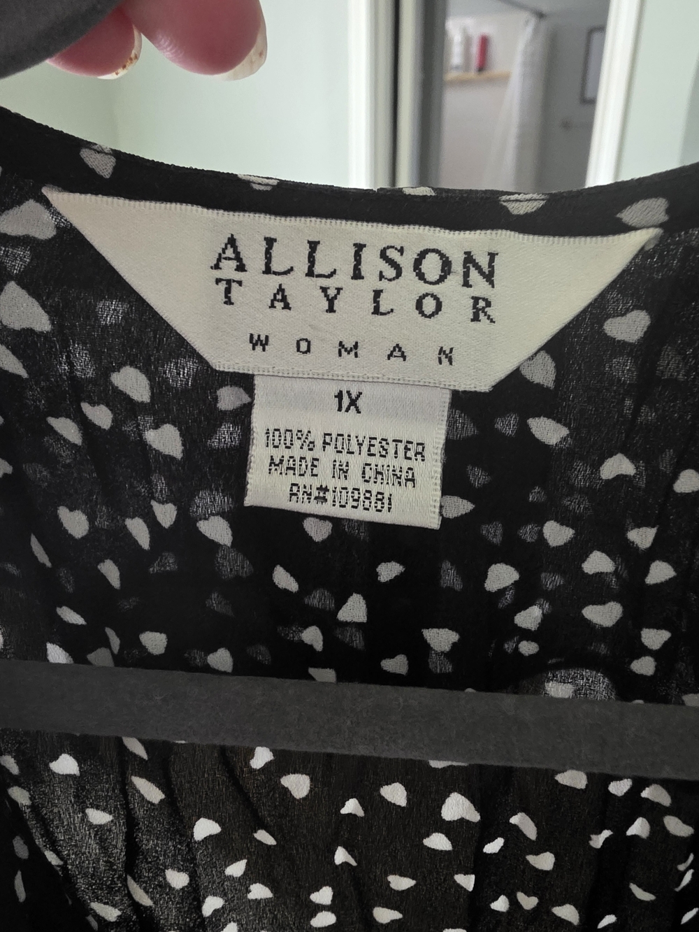 Allison Taylor Black Sheer V-Neck Blouse with White Heart Print - Picture 2 of 4
